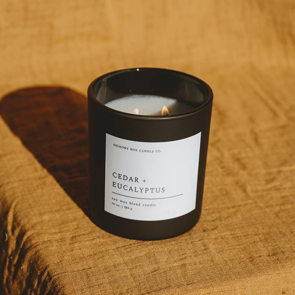 Soy Candle - Cedar + Eucalyptus - 10 oz. Matte Black Glass