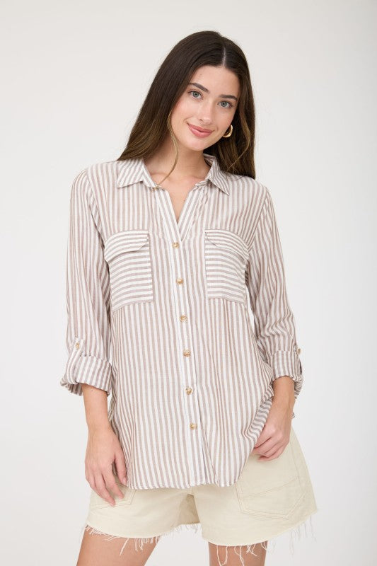 Multi Stripe Pattern Collared Tab Sleeve Shirt
