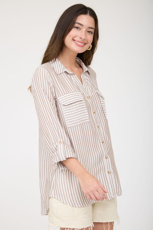 Multi Stripe Pattern Collared Tab Sleeve Shirt