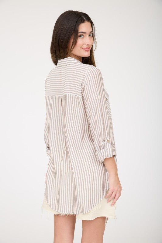 Multi Stripe Pattern Collared Tab Sleeve Shirt