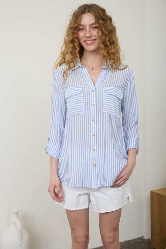 Stripe Collared Button Down Lightweight Shirt