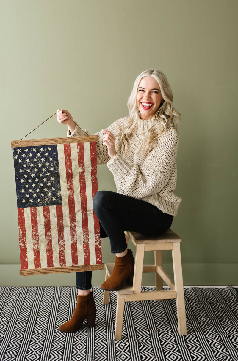 Vertical Hanging American Flag Canvas Print & Frame