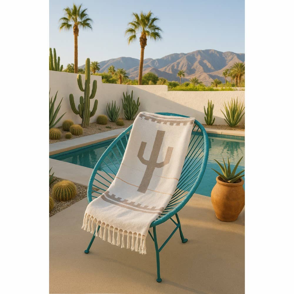 Southwest Mexican Blanket - Desert Cactus Blanket Tan White