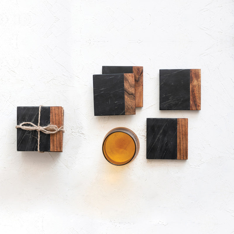 Marble & Acacia Wood Coasters- set of Four