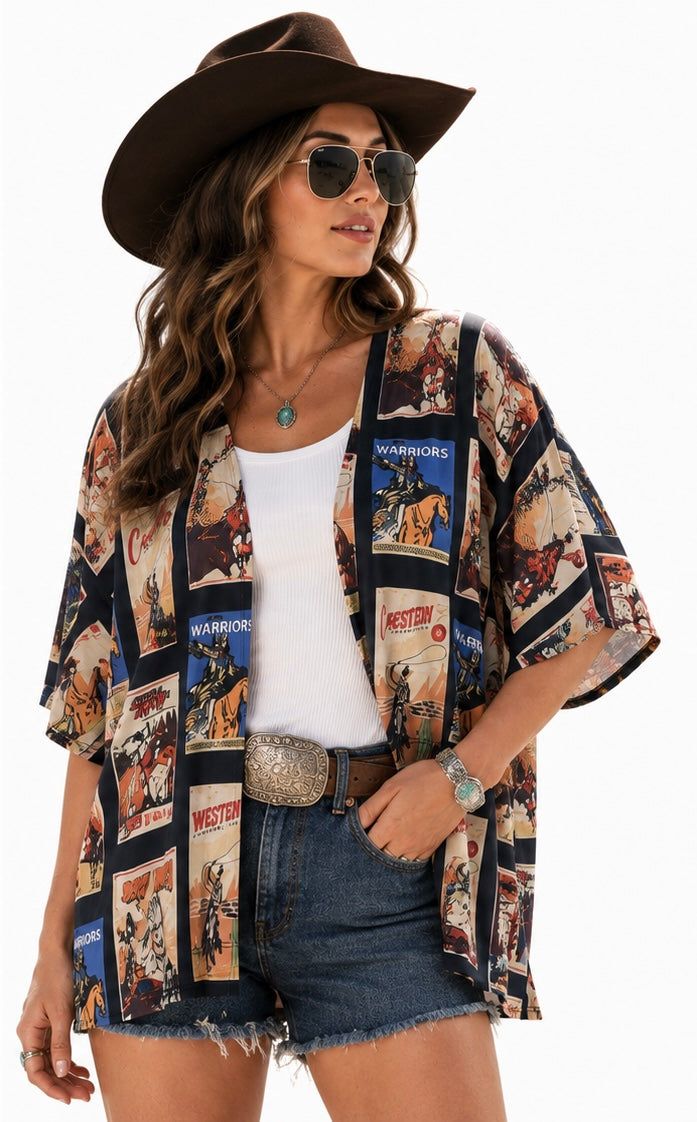 Western Vintage Print Kimono Cover-Up