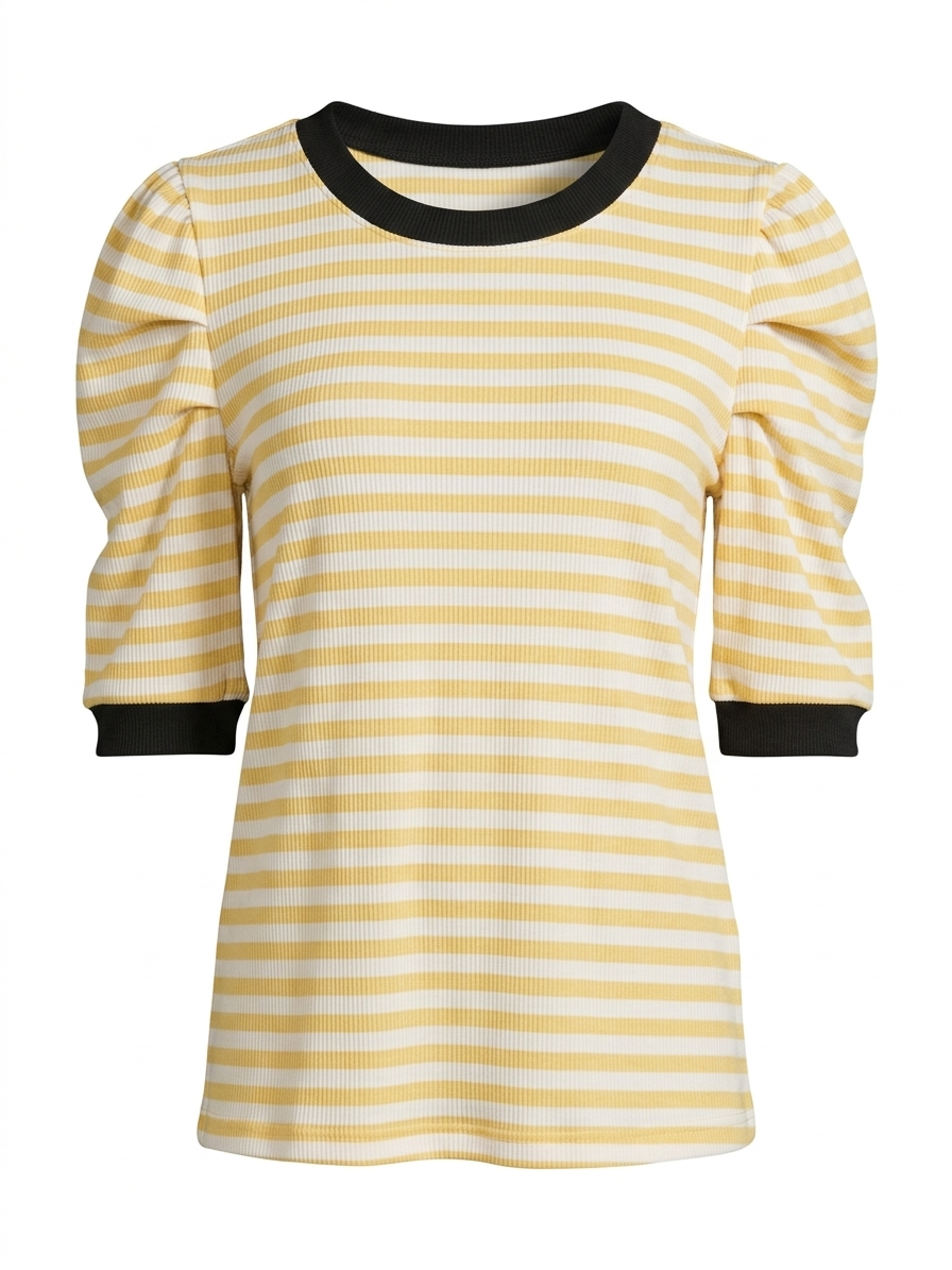 Stripe Rib Knit Top With Pleated Puff Sleeves