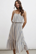 Stripe Tiered Shoulder Tie Midi Lined Dress