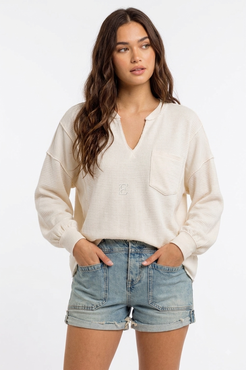 Solid Patchwork Split Neck Knit Top