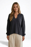 Split Neck Raw Edge Long Sleeve Ribbed Knit Top