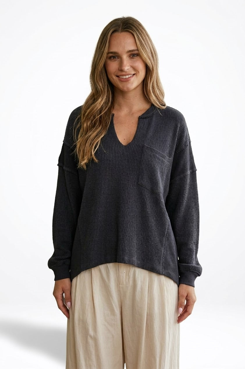 Split Neck Raw Edge Long Sleeve Ribbed Knit Top