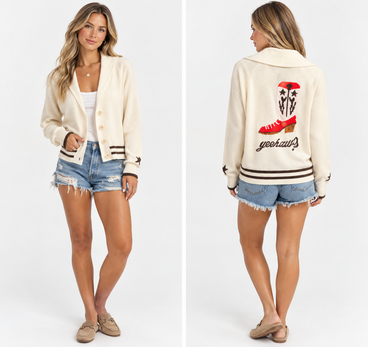 "YeeHaw!" Shawl Collar Cowboy Boots Sweater Cardigan