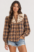 Western Embroidered Checker Button Down Blouse