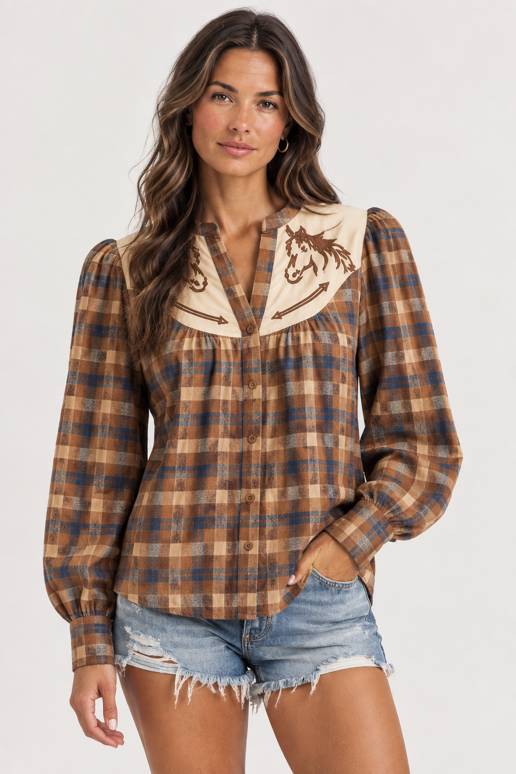 Western Embroidered Checker Button Down Blouse
