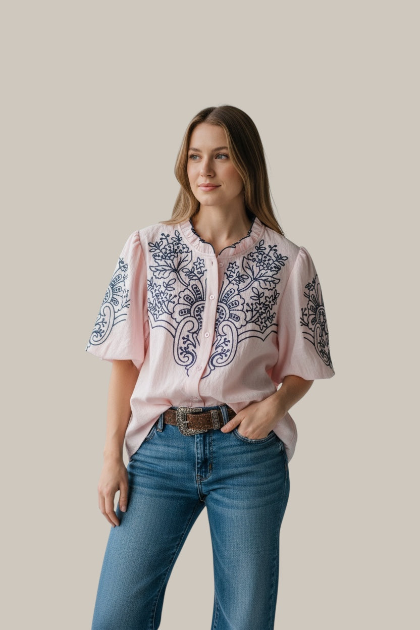 Emma's Embroidered Button Down Bubble Sleeve Top