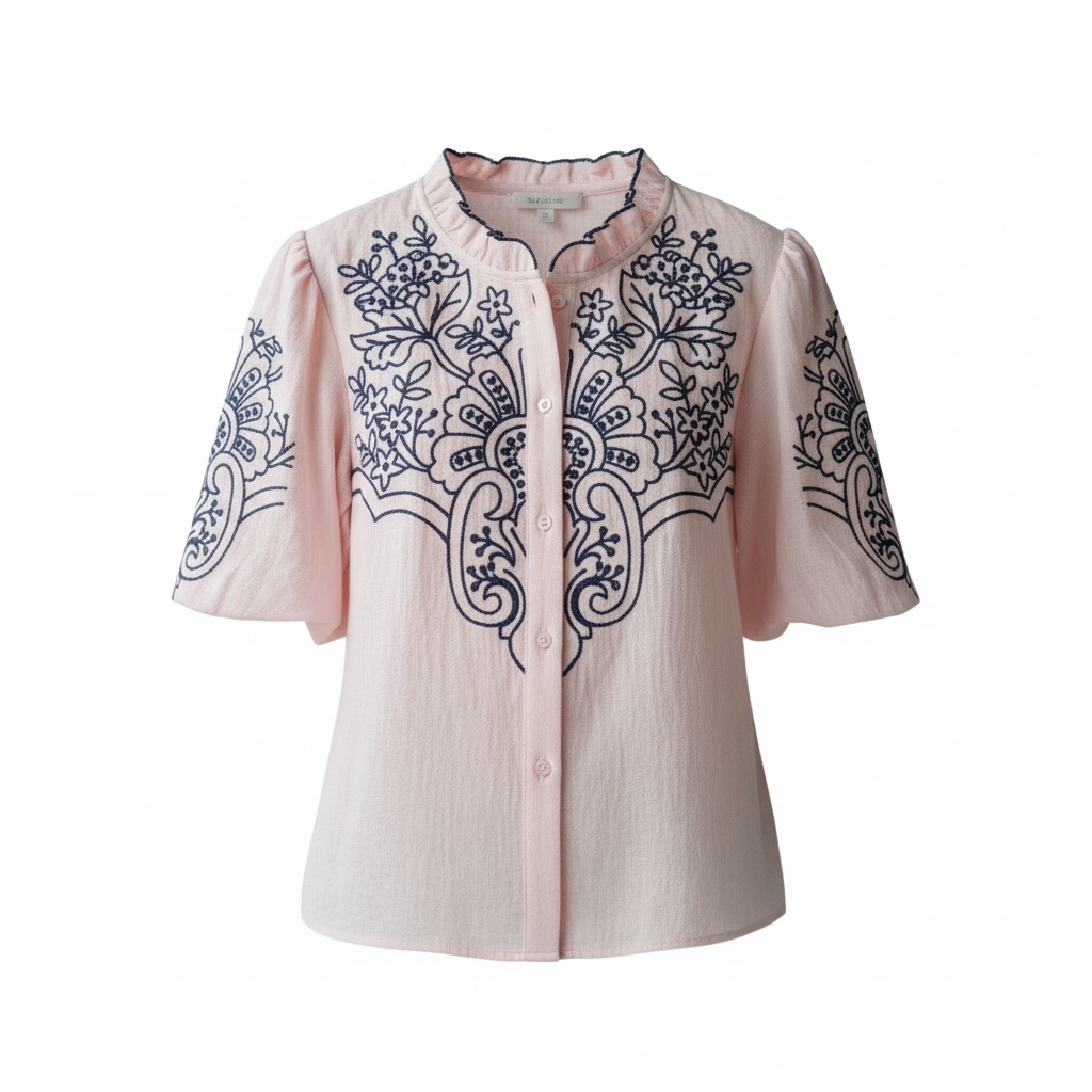 Emma's Embroidered Button Down Bubble Sleeve Top