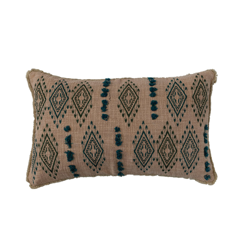 Cotton Slub Lumbar Pillow w/ Embroidered Pattern & Fringe, Natural & Teal