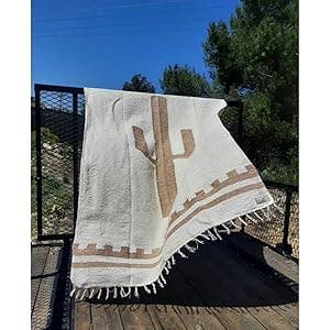Southwest Mexican Blanket - Desert Cactus Blanket Tan White
