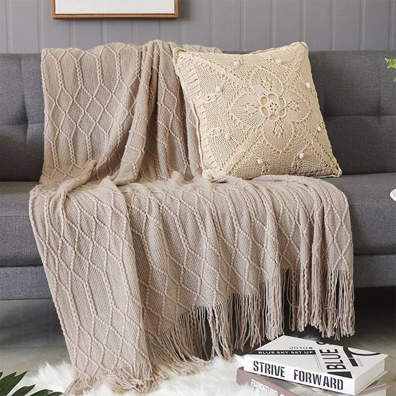 Rhombus Diamond Knit 50x60 Inch Throw Blanket: Camel - Mae It Be Home