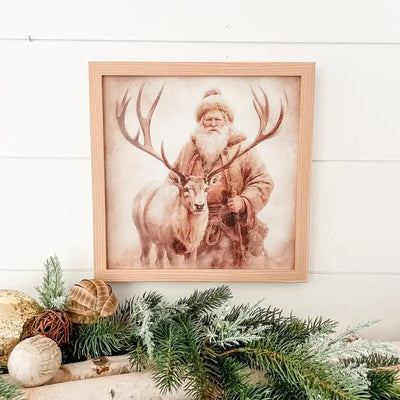 Vintage Santa Prints: 12x12 Inches / Santa w/ Reindeer / White Distress Frame - Mae It Be Home